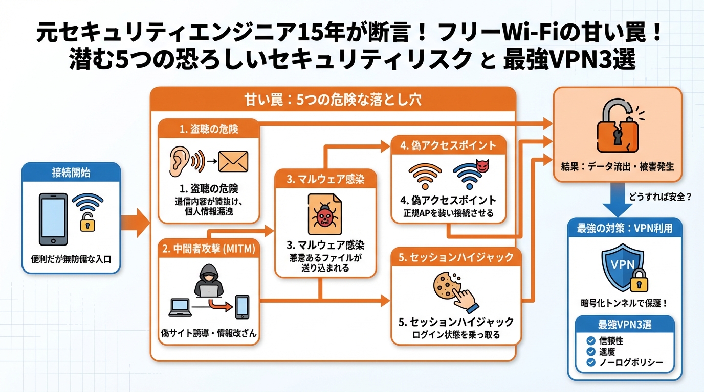 フリーWi-Fi フリーWi-Fiの甘い罠!潜む5つの恐ろしいセキュリティリスク