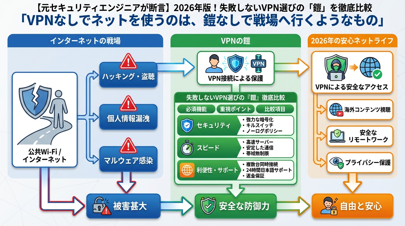 VPN比較 VPNなしでネットを使うのは、鎧なしで戦場へ行くようなもの