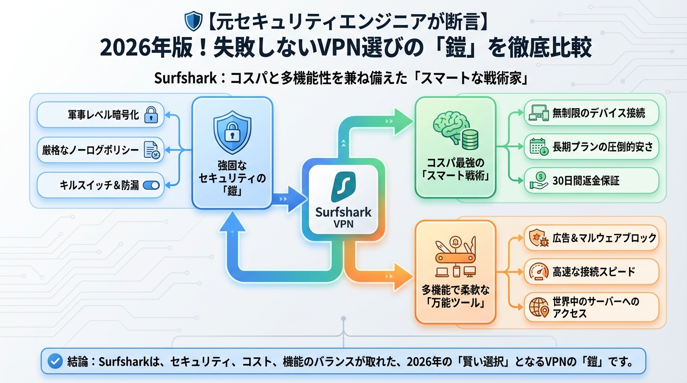 VPN比較 Surfshark:コスパと多機能性を兼ね備えた「スマートな戦術家」