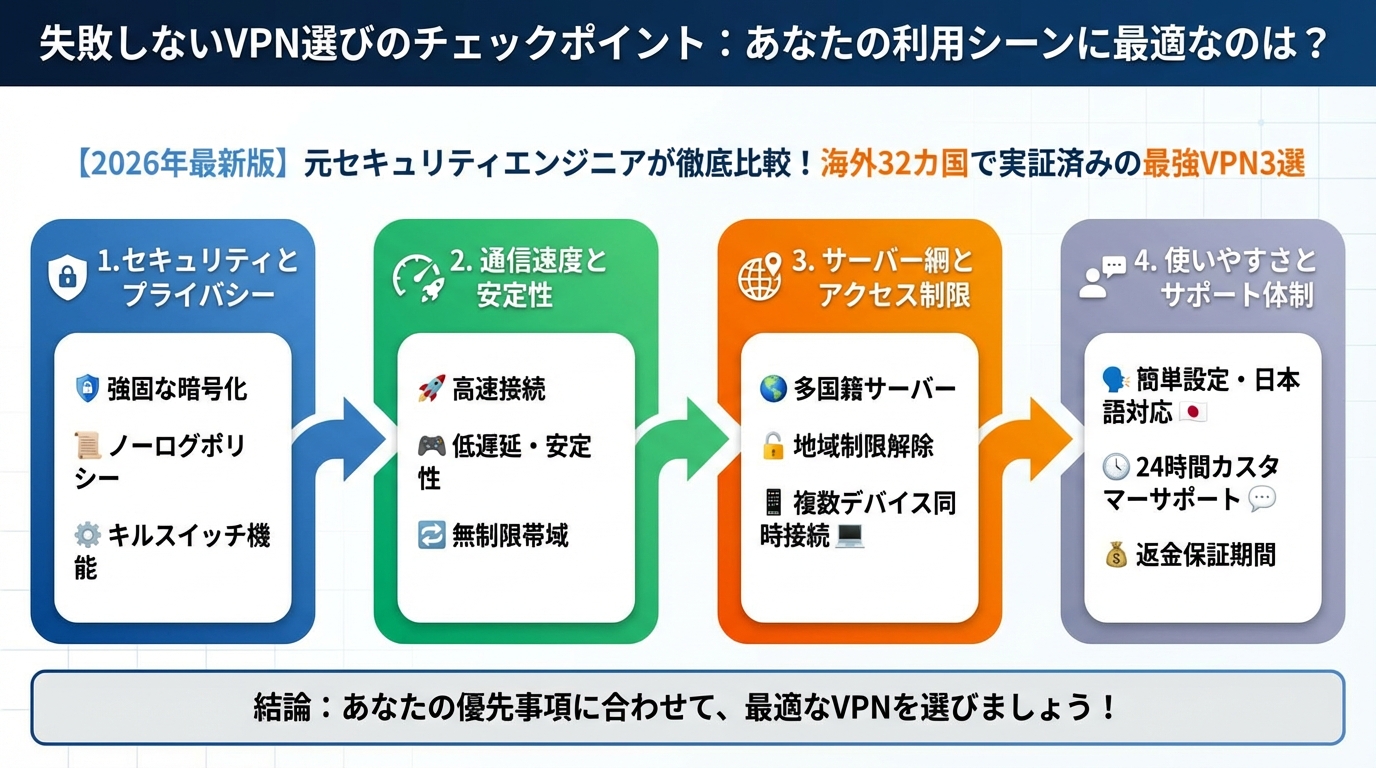 セキュリティ 失敗しないVPN選びのチェックポイント:あなたの利用シーンに最適なのは?