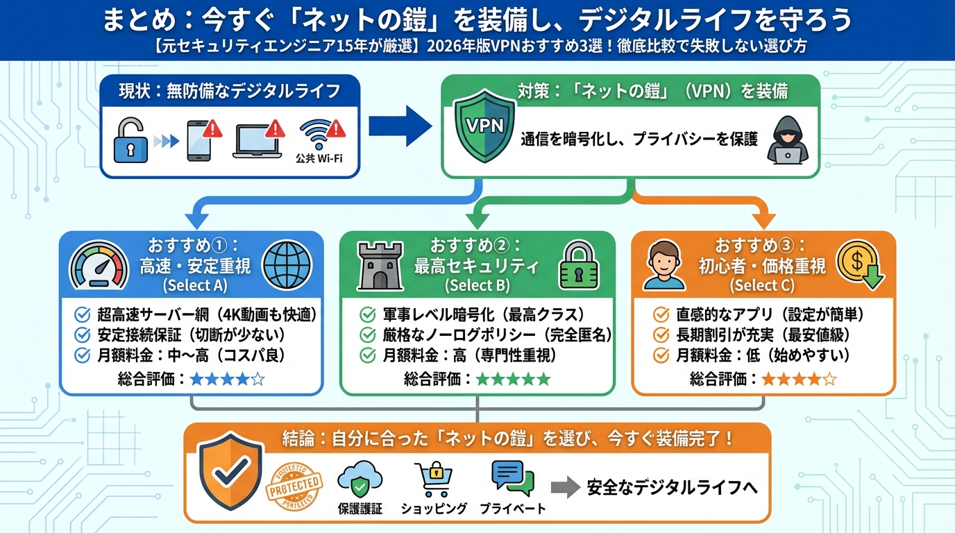 VPN比較 まとめ:今すぐ「ネットの鎧」を装備し、デジタルライフを守ろう