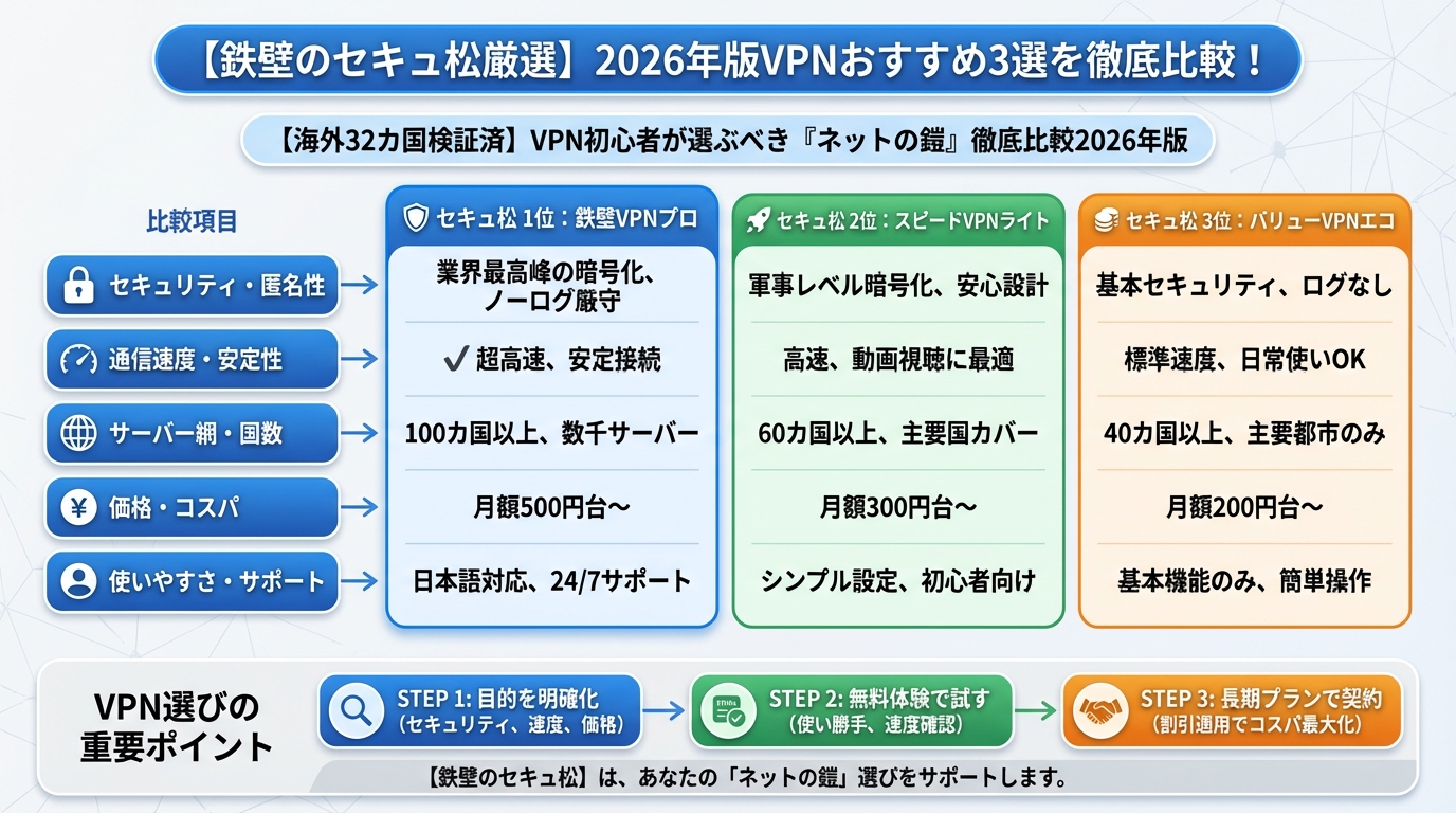 VPN比較 【セキュア厳選】2026年版VPNおすすめ3選を徹底比較！