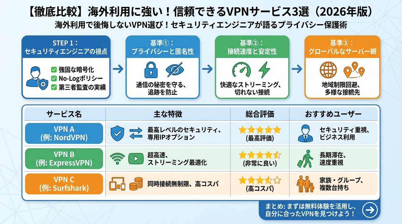 プライバシー 【徹底比較】海外利用に強い!信頼できるVPNサービス3選(2026年版)