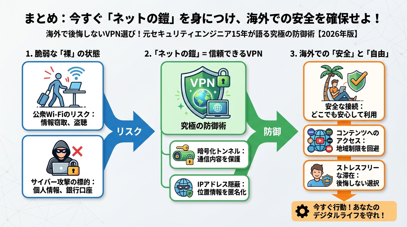 セキュリティ まとめ:今すぐ「ネットの鎧」を身につけ、海外での安全を確保せよ!