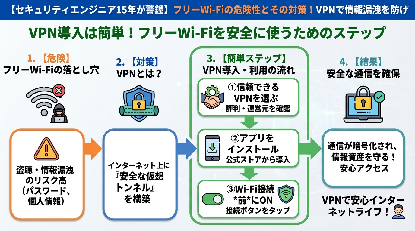 フリーWi-Fi VPN導入は簡単!フリーWi-Fiを安全に使うためのステップ