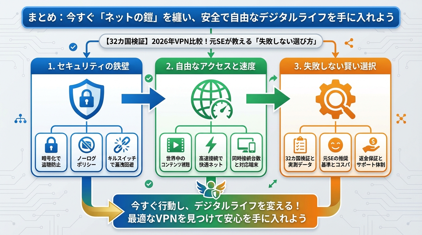 VPN比較 まとめ：今すぐ「ネットの鎧」を纏い、安全で自由なデジタルライフを手に入れよう