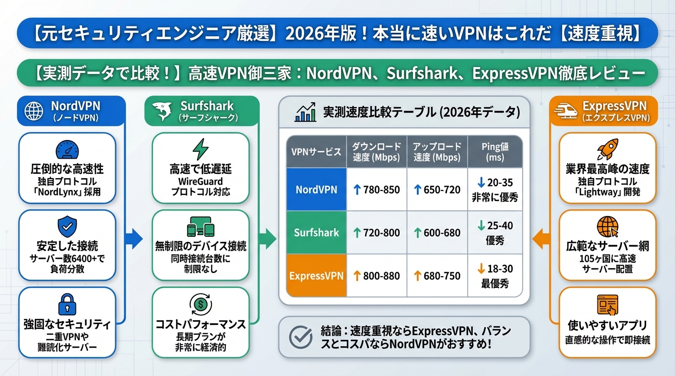 VPN比較 【実測データで比較！】高速VPN御三家：NordVPN、Surfshark、ExpressVPN徹底レビュー