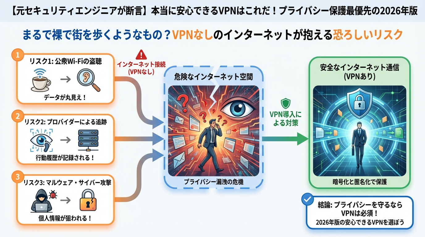 セキュリティ まるで裸で街を歩くようなもの?VPNなしのインターネットが抱える恐ろしいリスク