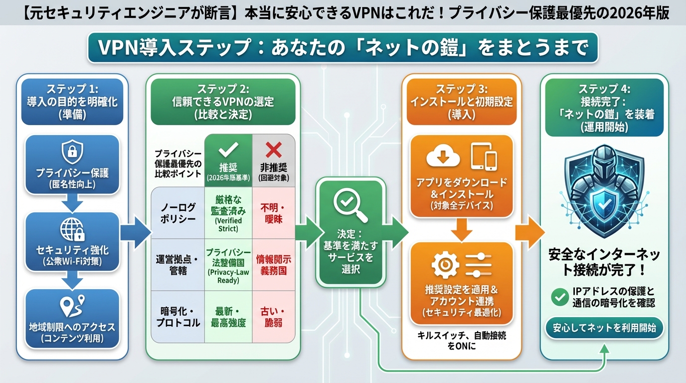 セキュリティ VPN導入ステップ:あなたの「ネットの鎧」をまとうまで