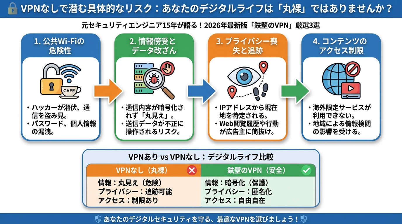 セキュリティ VPNなしで潜む具体的なリスク:あなたのデジタルライフは「丸裸」ではありませんか?