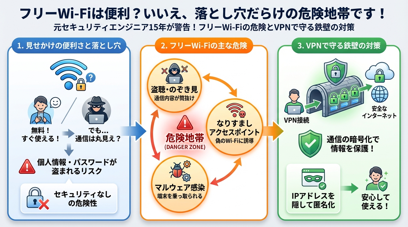 フリーWi-Fi フリーWi-Fiは便利? いいえ、落とし穴だらけの危険地帯です!
