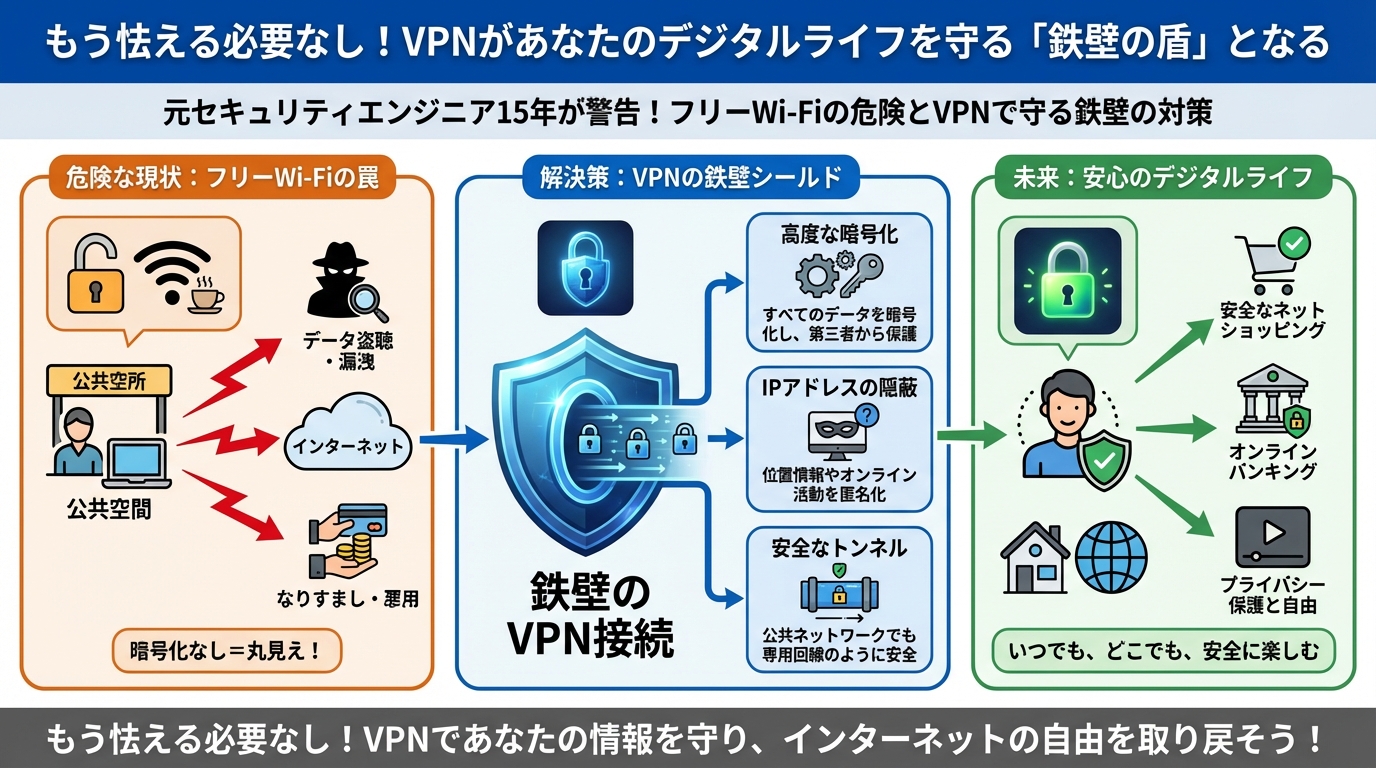 フリーWi-Fi もう怯える必要なし!VPNがあなたのデジタルライフを守る「鉄壁の盾」となる