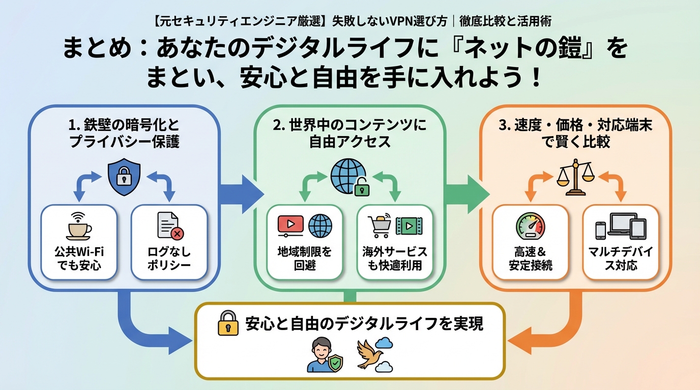 VPN比較 まとめ:あなたのデジタルライフに「ネットの鎧」をまとい、安心と自由を手に入れよう!
