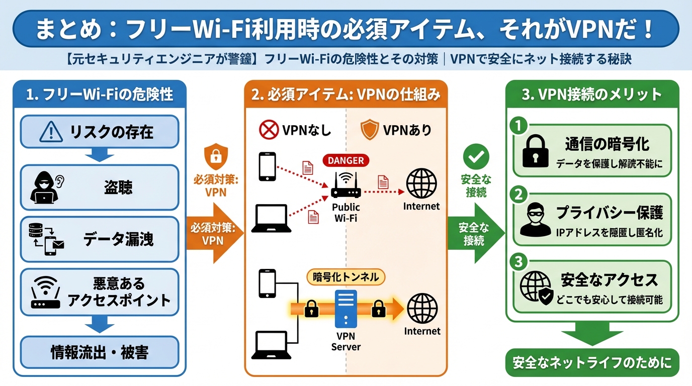 フリーWi-Fi まとめ:フリーWi-Fi利用時の必須アイテム、それがVPNだ!