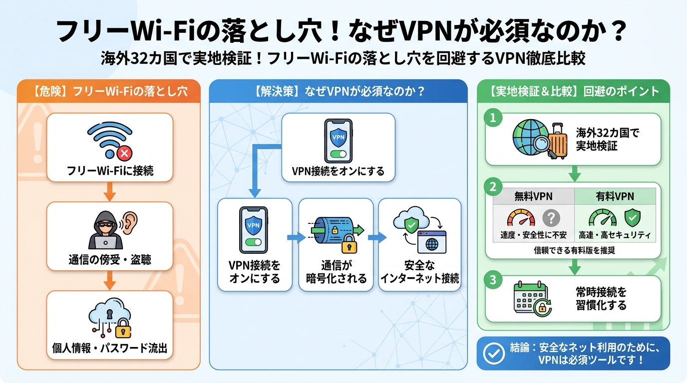 フリーWi-Fi フリーWi-Fiの落とし穴!なぜVPNが必須なのか?