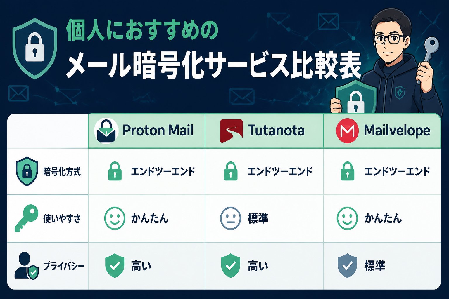 プライバシー 個人におすすめのメール暗号化サービス比較表