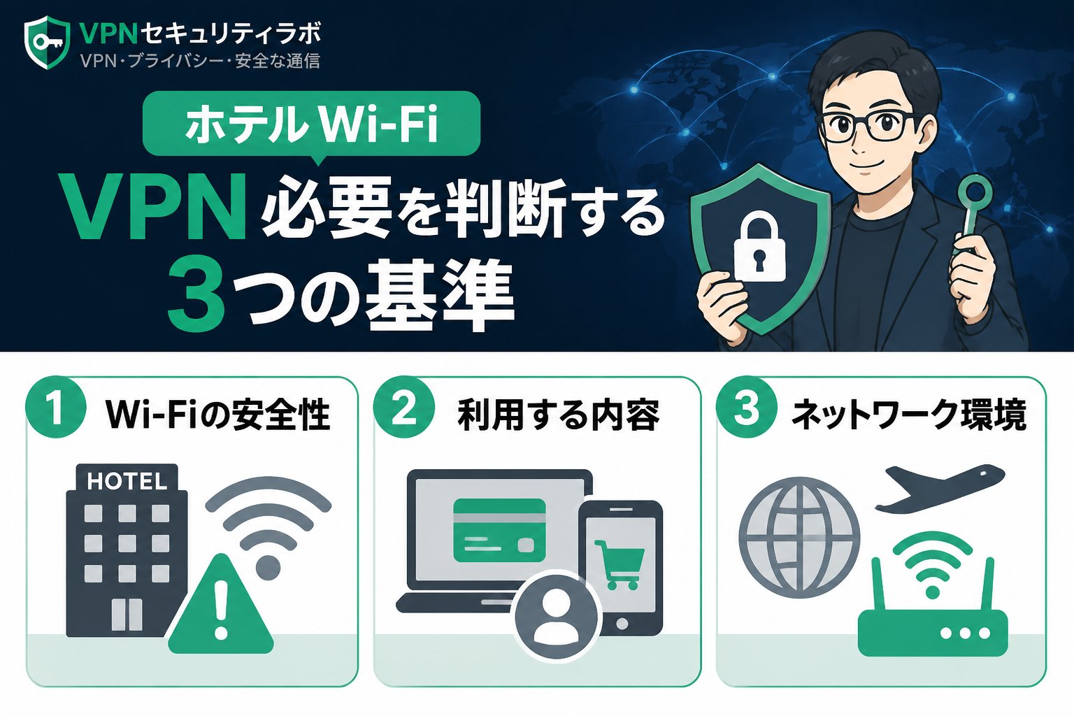 フリーWi-Fi ホテル Wi-Fi VPN 必要を判断する3つの基準