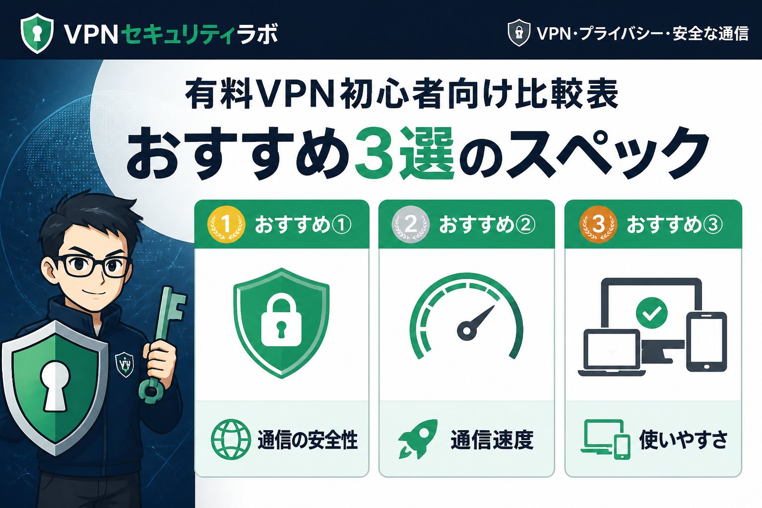 VPN比較 有料VPN初心者向け比較表:おすすめ3選のスペック
