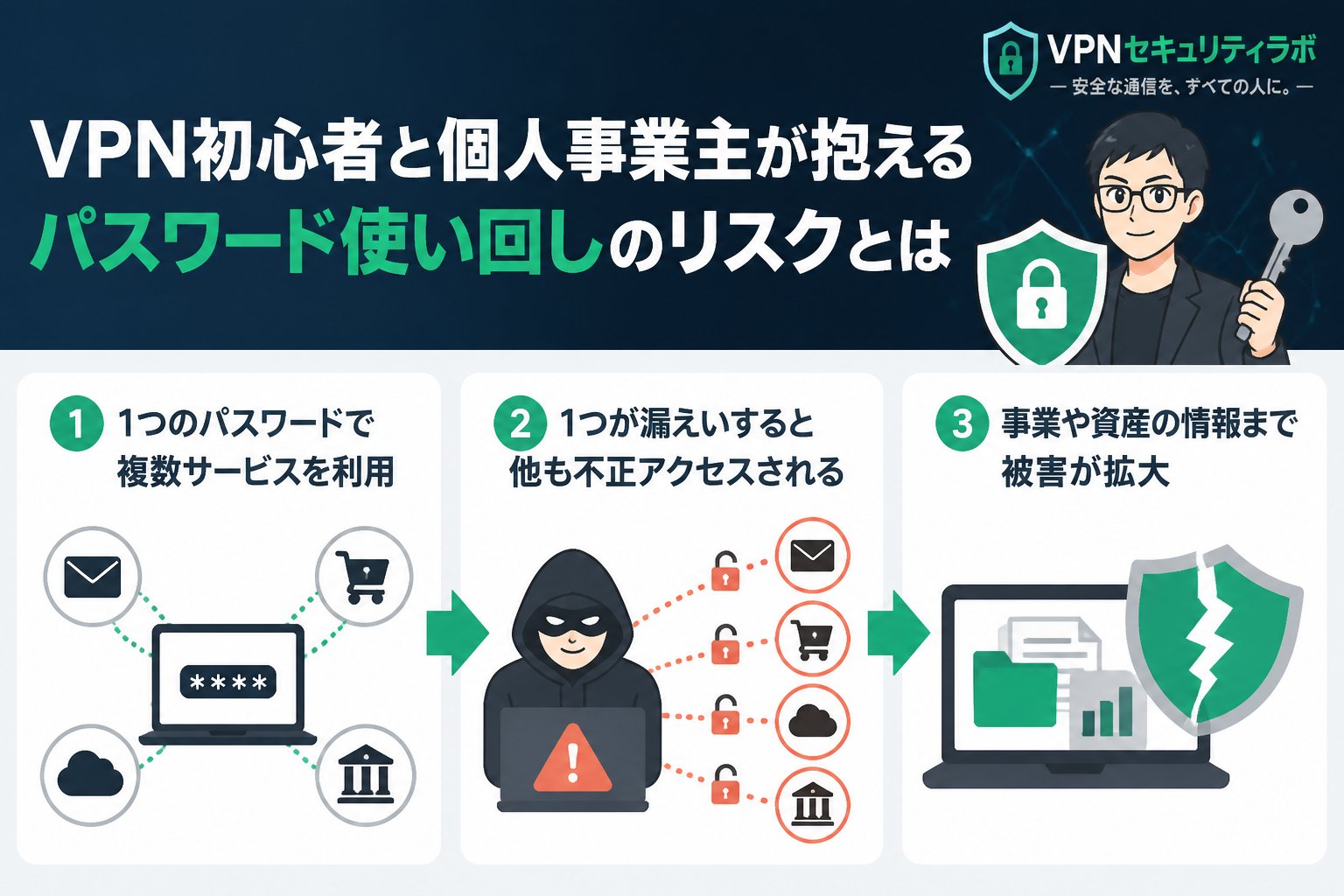 セキュリティ VPN初心者と個人事業主が抱えるパスワード使い回しのリスクとは