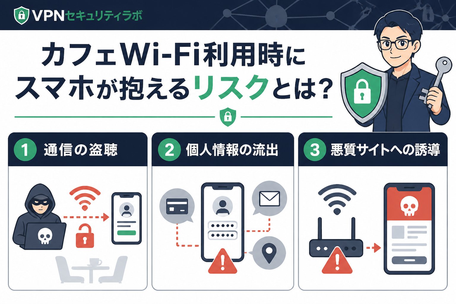 フリーWi-Fi カフェWi-Fi利用時にスマホが抱えるリスクとは？