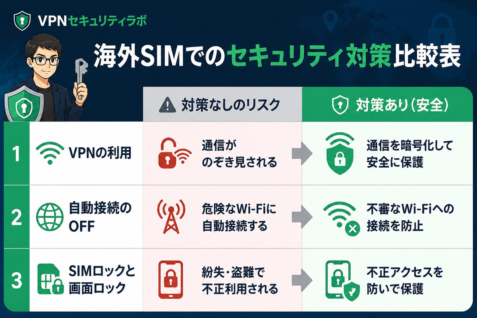 プライバシー 海外SIMでのセキュリティ対策比較表