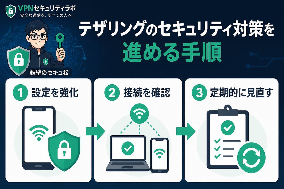 フリーWi-Fi テザリング セキュリティ スマホ 危険性を進める手順
