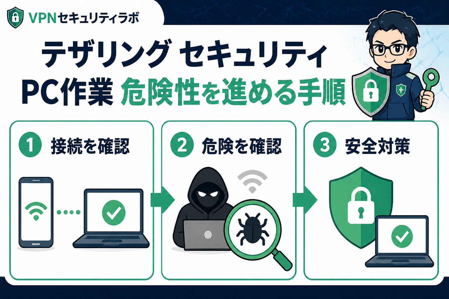 フリーWi-Fi テザリング セキュリティ PC作業 危険性を進める手順