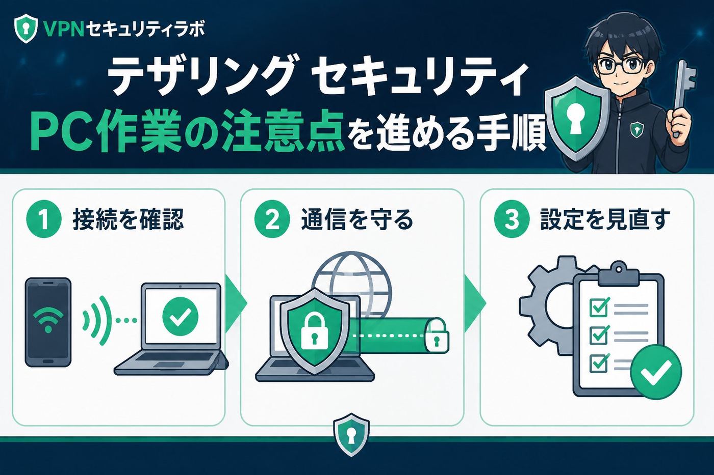 フリーWi-Fi テザリング セキュリティ PC作業 注意点を進める手順