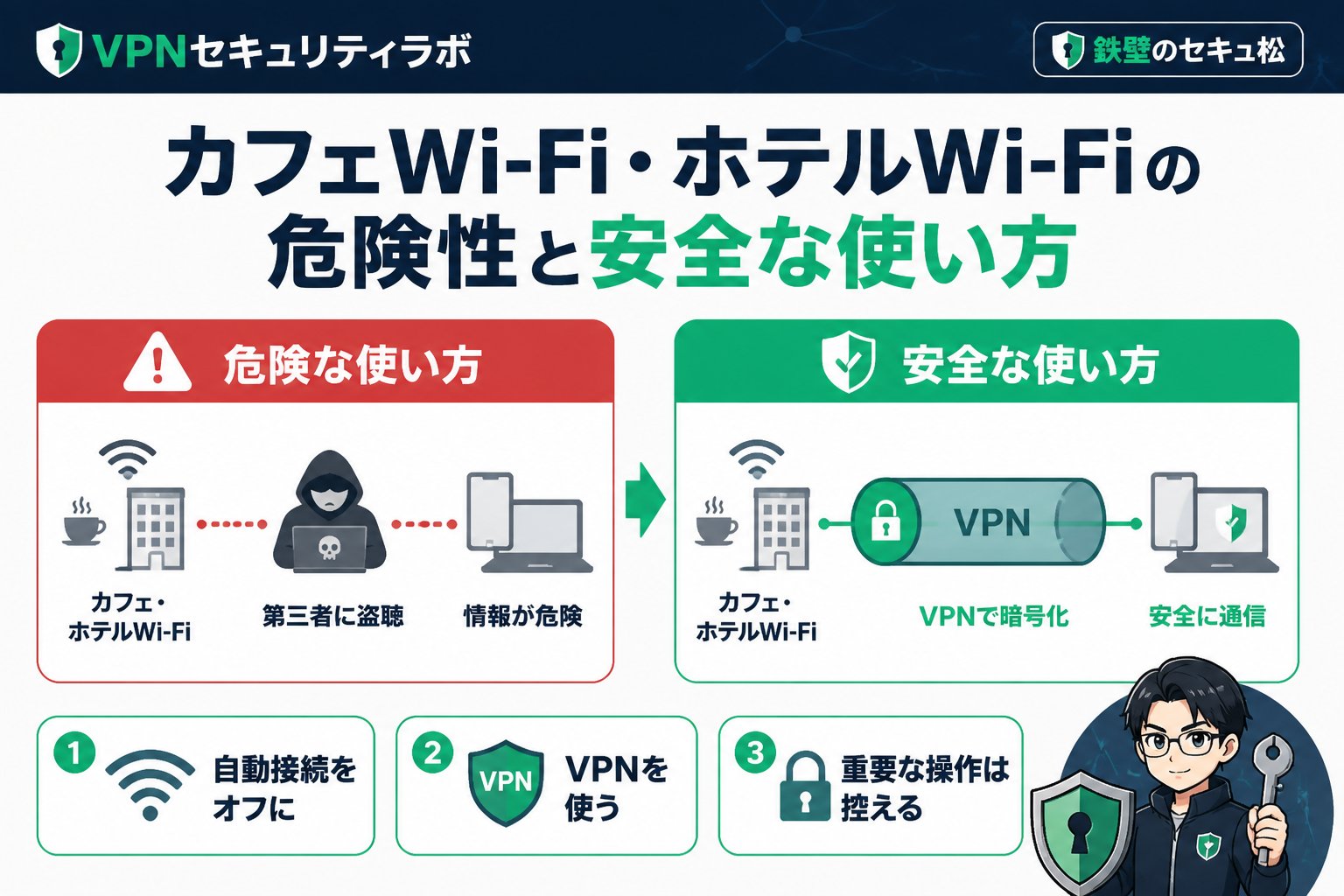 フリーWi-Fi カフェWi-Fi・ホテルWi-Fiの危険性と安全な使い方