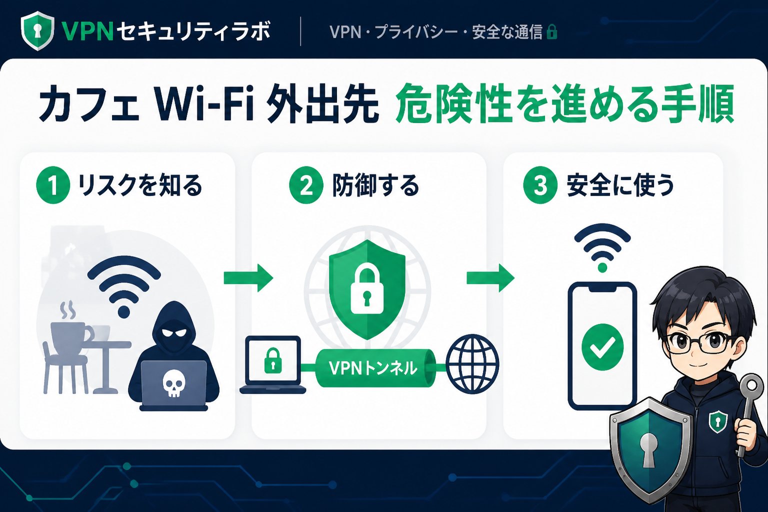 フリーWi-Fi カフェ Wi-Fi 外出先 危険性を進める手順