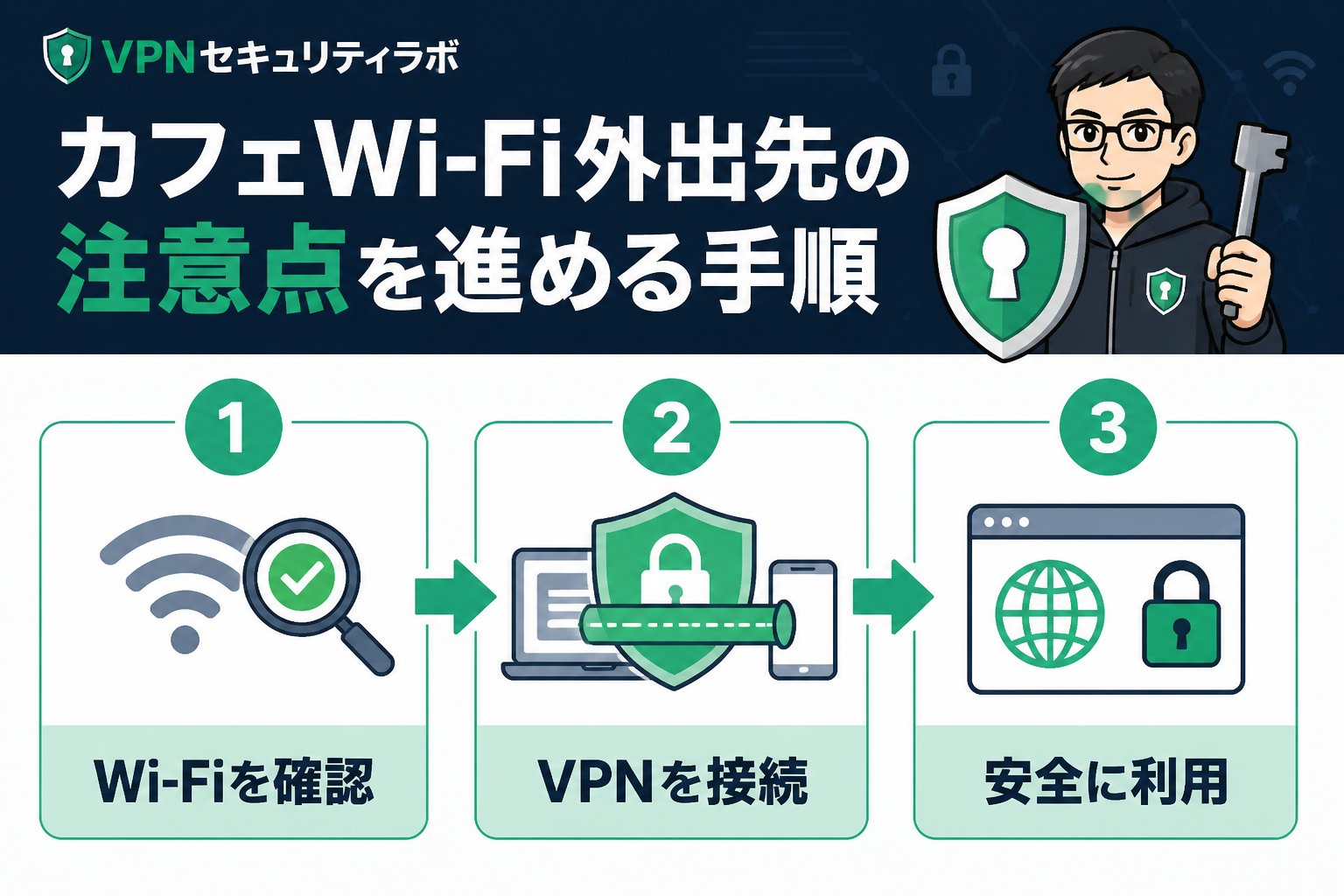 フリーWi-Fi カフェ Wi-Fi 外出先 注意点を進める手順