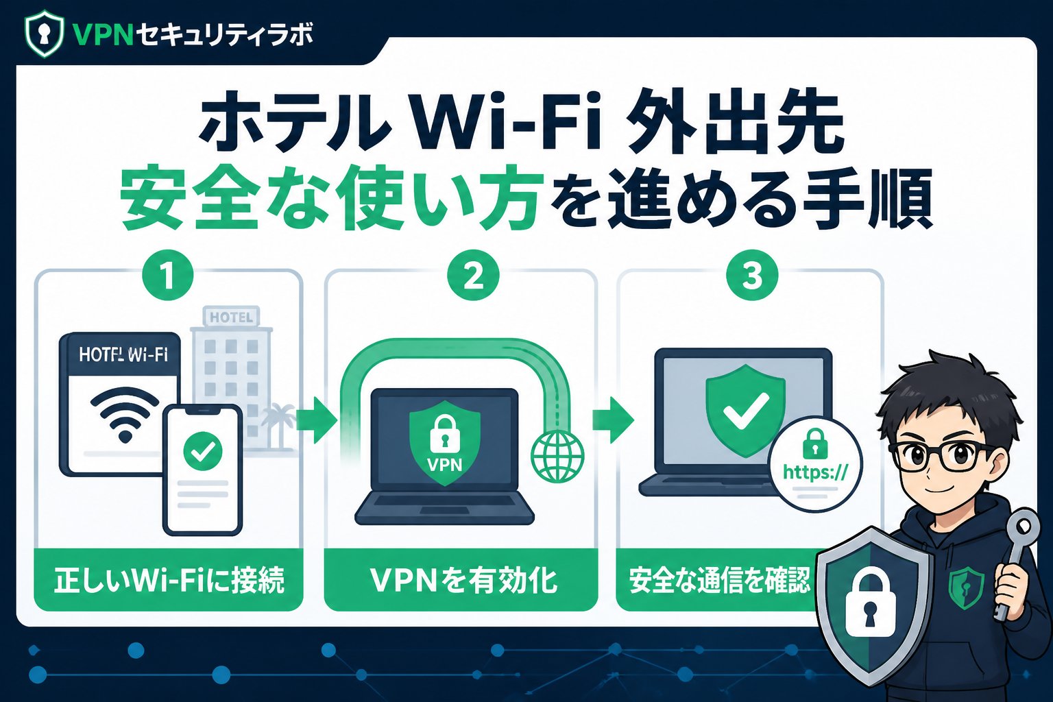 フリーWi-Fi ホテル Wi-Fi 外出先 安全な使い方を進める手順